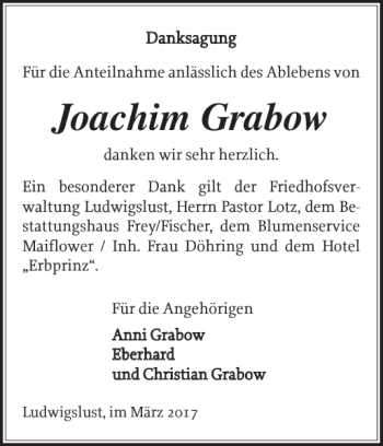 Traueranzeige von Joachim Grabow von Ludwigsluster Tageblatt