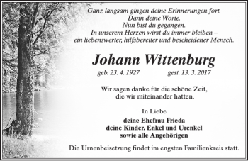 Traueranzeige von Johann Wittenburg von Güstrower Anzeiger