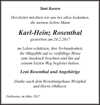 Traueranzeige von Karl-Heinz Rosenthal von Zeitung für Lübz - Goldberg - Plau