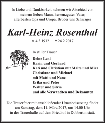 Traueranzeige von Karl-Heinz Rosenthal von Zeitung für Lübz - Goldberg - Plau