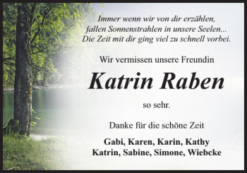 Traueranzeige von Katrin Raben von Zeitung für die Landeshauptstadt