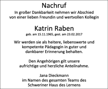 Traueranzeige von Katrin Raben von Zeitung für die Landeshauptstadt