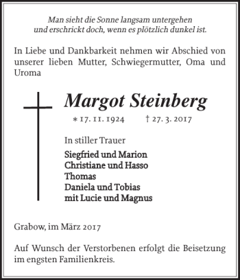 Traueranzeige von Margot Steinberg von Ludwigsluster Tageblatt