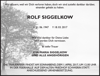 Traueranzeige von ROLF SIGGELKOW von Zeitung für die Landeshauptstadt