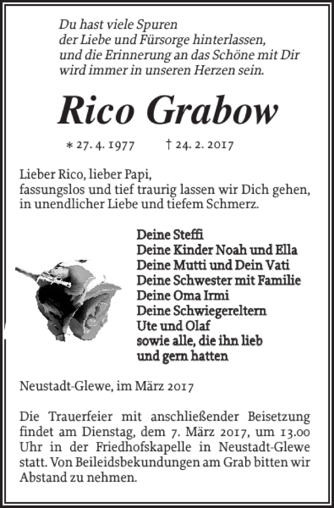  Traueranzeige für Rico Grabow vom 04.03.2017 aus Ludwigsluster Tageblatt