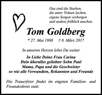 Traueranzeige von Tom Goldberg von Parchimer Zeitung