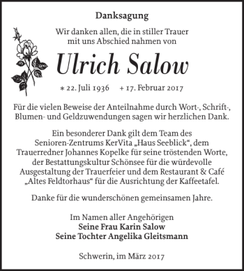 Traueranzeige von Ulrich Salow von Zeitung für die Landeshauptstadt