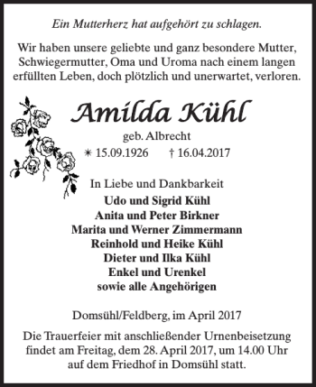 Traueranzeige von Amilda Kühl von Parchimer Zeitung