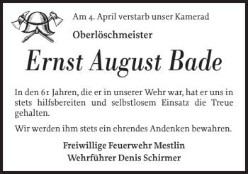 Traueranzeige von Ernst August Bade von Parchimer Zeitung