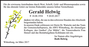 Traueranzeige von Gerald Helwig von Hagenower Kreisblatt