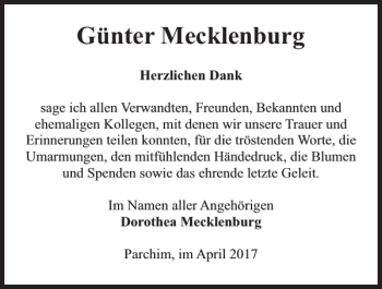 Traueranzeige von Günter Mecklenburg von Parchimer Zeitung