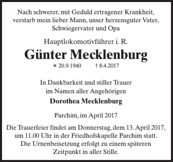 Traueranzeige von Günter Mecklenburg von Parchimer Zeitung