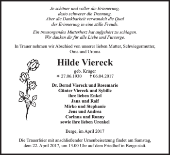 Traueranzeige von Hilde Viereck von Der Prignitzer