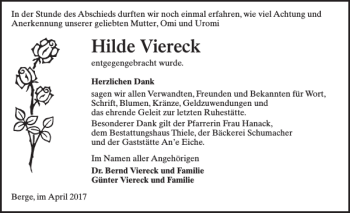 Traueranzeige von Hilde Viereck von Der Prignitzer