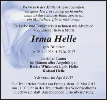 Traueranzeige von Irma Helle von Zeitung für die Landeshauptstadt