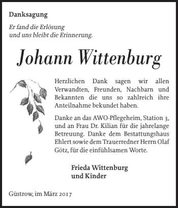 Traueranzeige von Johann Wittenburg von Güstrower Anzeiger