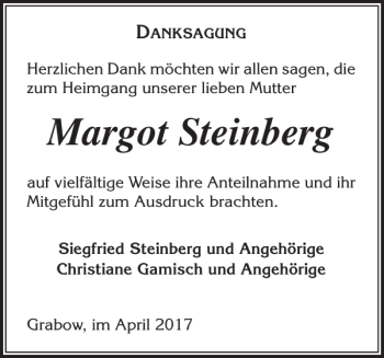 Traueranzeige von Margot Steinberg von Ludwigsluster Tageblatt