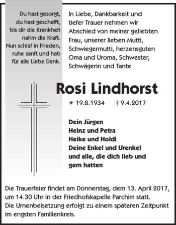 Traueranzeige von Rosi Lindhorst von Parchimer Zeitung