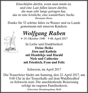 Traueranzeige von Wolfgang Raben von Zeitung für die Landeshauptstadt