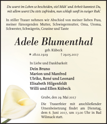 Traueranzeige von Adele Blumenthal von Der Prignitzer