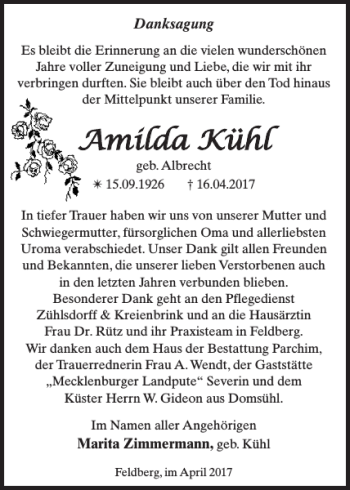 Traueranzeige von Amilda Kühl von Parchimer Zeitung