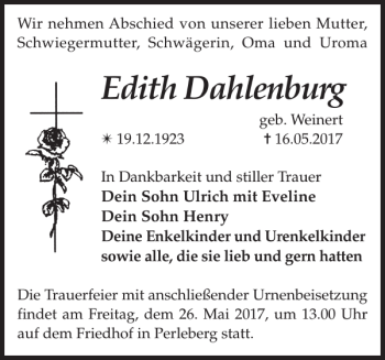 Traueranzeige von Edith Dahlenburg von Der Prignitzer