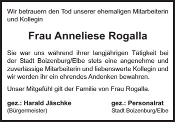 Traueranzeige von Frau Anneliese Rogalla von Hagenower Kreisblatt