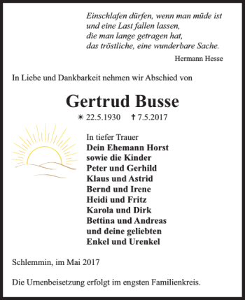 Traueranzeige von Gertrud Busse von Bützower Zeitung