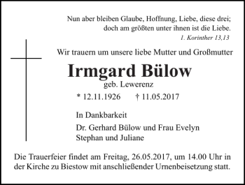 Traueranzeige von Irmgard Bülow von Norddeutsche Neueste Nachrichten