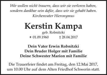 Traueranzeige von Kerstin Kampa von Zeitung für die Landeshauptstadt