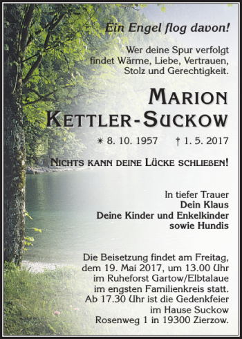 Traueranzeige von MARION KETTLER-SUCKOW von Ludwigsluster Tageblatt