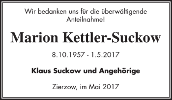 Traueranzeige von Marion Kettler-Suckow von Ludwigsluster Tageblatt