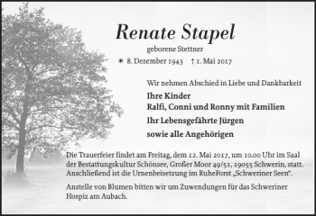 Traueranzeige von Renate Stapel von Zeitung für die Landeshauptstadt