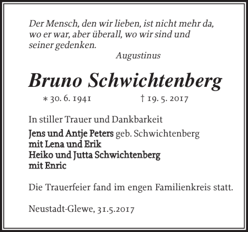  Traueranzeige für Bruno Schwichtenberg vom 03.06.2017 aus Ludwigsluster Tageblatt