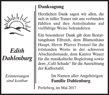 Traueranzeige von Edith Dahlenburg von Der Prignitzer