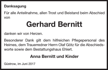 Traueranzeige von Gerhard Bernitt von Güstrower Anzeiger