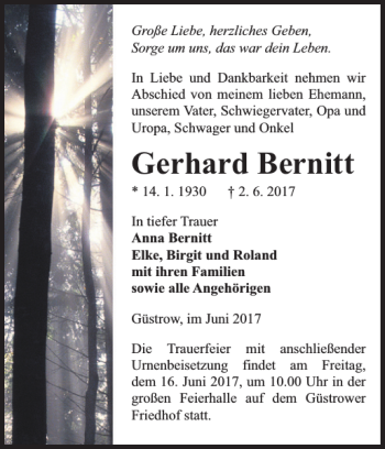 Traueranzeige von Gerhard Bernitt von Güstrower Anzeiger