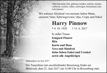 Traueranzeige von Harry Pinnow von Hagenower Kreisblatt