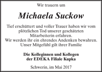 Traueranzeige von Michaela Suckow von Zeitung für die Landeshauptstadt