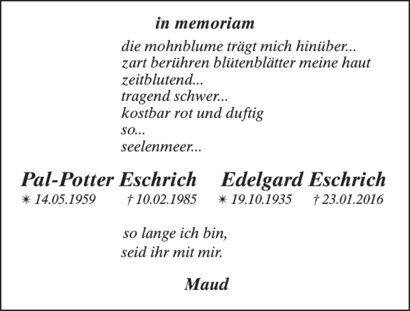  Traueranzeige für Pal-Potter Eschrich und Edelgard Eschrich vom 17.06.2017 aus Der Prignitzer