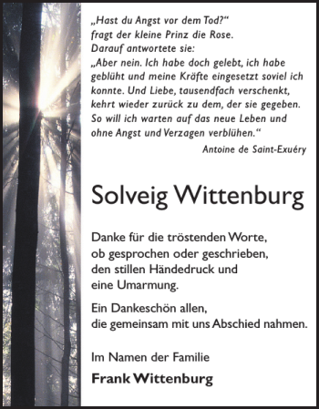 Traueranzeige von Solveig Wittenburg von Güstrower Anzeiger