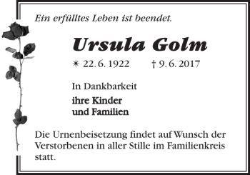 Traueranzeige von Ursula Golm von Güstrower Anzeiger