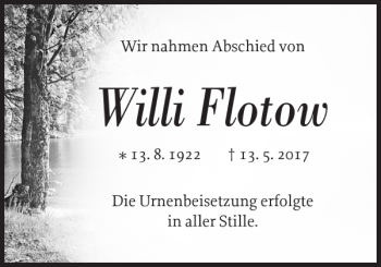 Traueranzeige von Willi Flotow von Güstrower Anzeiger