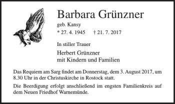 Traueranzeige von Barbara Grünzner von Norddeutsche Neueste Nachrichten