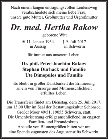 Traueranzeige von Dr. med. Hertha Rakow von Zeitung für die Landeshauptstadt