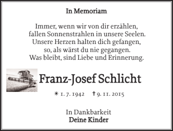 Traueranzeige von Franz-Josef Schlicht von Zeitung für die Landeshauptstadt