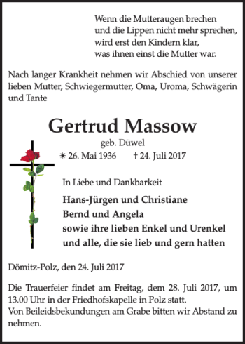 Traueranzeige von Gertrud Massow von Ludwigsluster Tageblatt