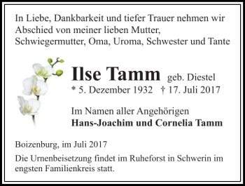 Traueranzeige von Ilse Tamm von Hagenower Kreisblatt