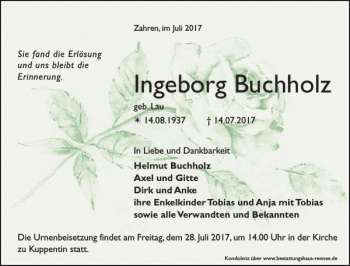 Traueranzeige von Ingeborg Buchholz von Zeitung für Lübz - Goldberg - Plau