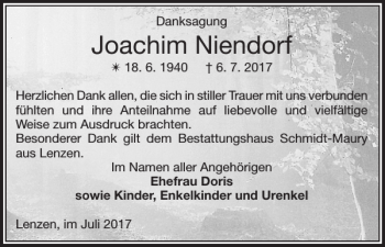 Traueranzeige von Joachim Niendorf von Der Prignitzer